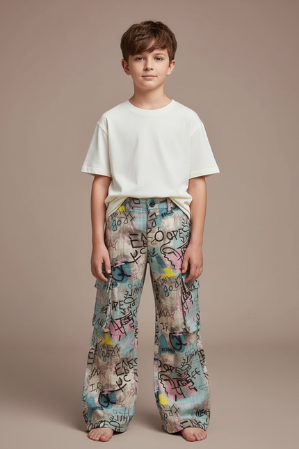 Pantalon Patte D'Éléphant Graffiti Coloré Ample Garçon Décontracté - Multicolore Lin