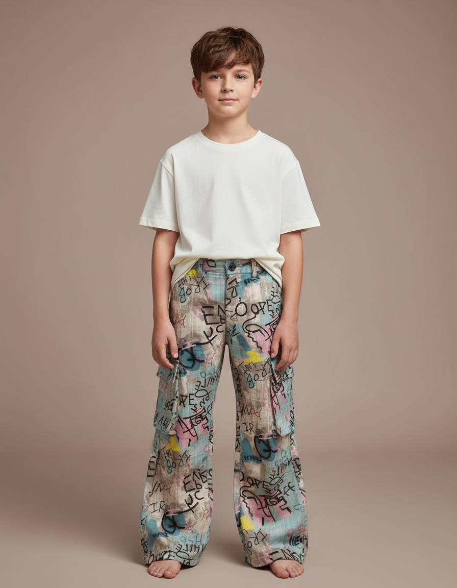 Pantalon Patte D'Éléphant Graffiti Coloré Ample Garçon Décontracté - Multicolore Lin