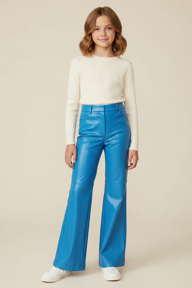 Pantalon Patte D'Éléphant Bleu Similicuir Évasé Taille Haute - Simili cuir