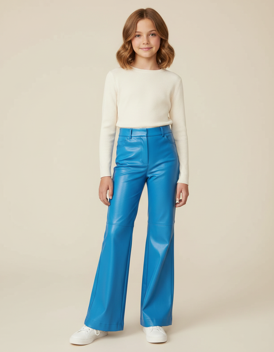 Pantalon Patte D'Éléphant Bleu Similicuir Évasé Taille Haute - Simili cuir