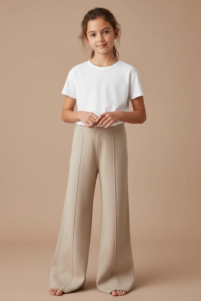 Pantalon Patte D'Éléphant Beige Tricoté Ample Décontracté Fille - Maille