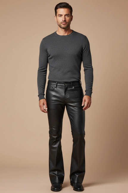 Pantalon Patte D'Éléphant Noir Cuir Homme Évasé Élégant