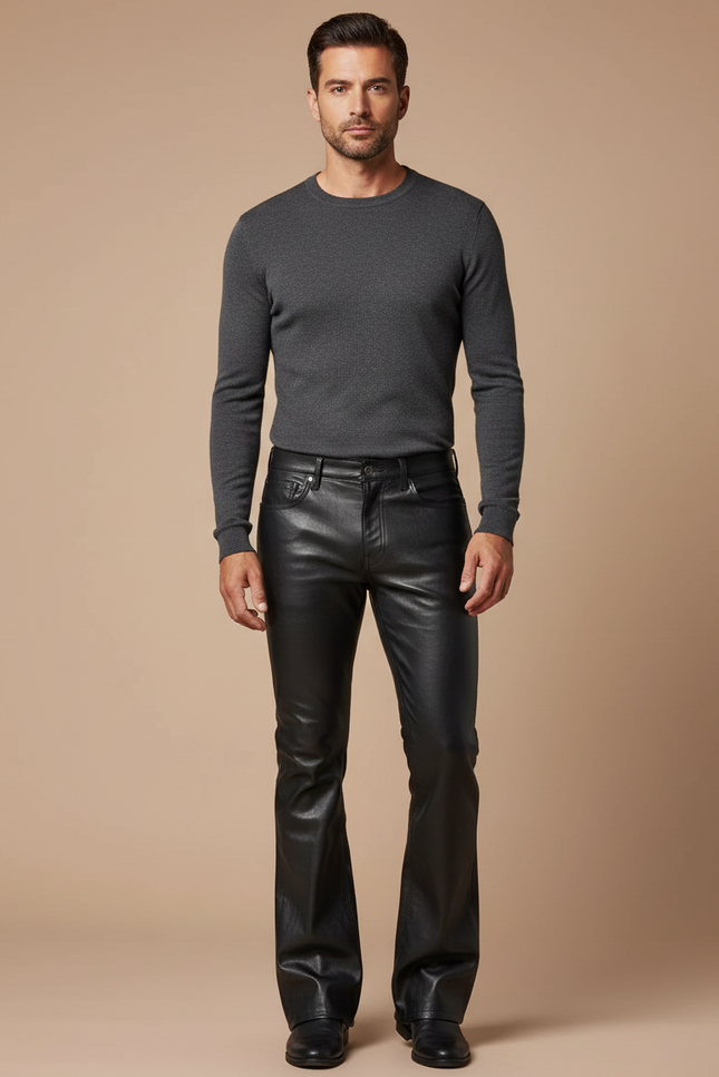 Pantalon Patte D'Éléphant Noir Cuir Homme Évasé Élégant
