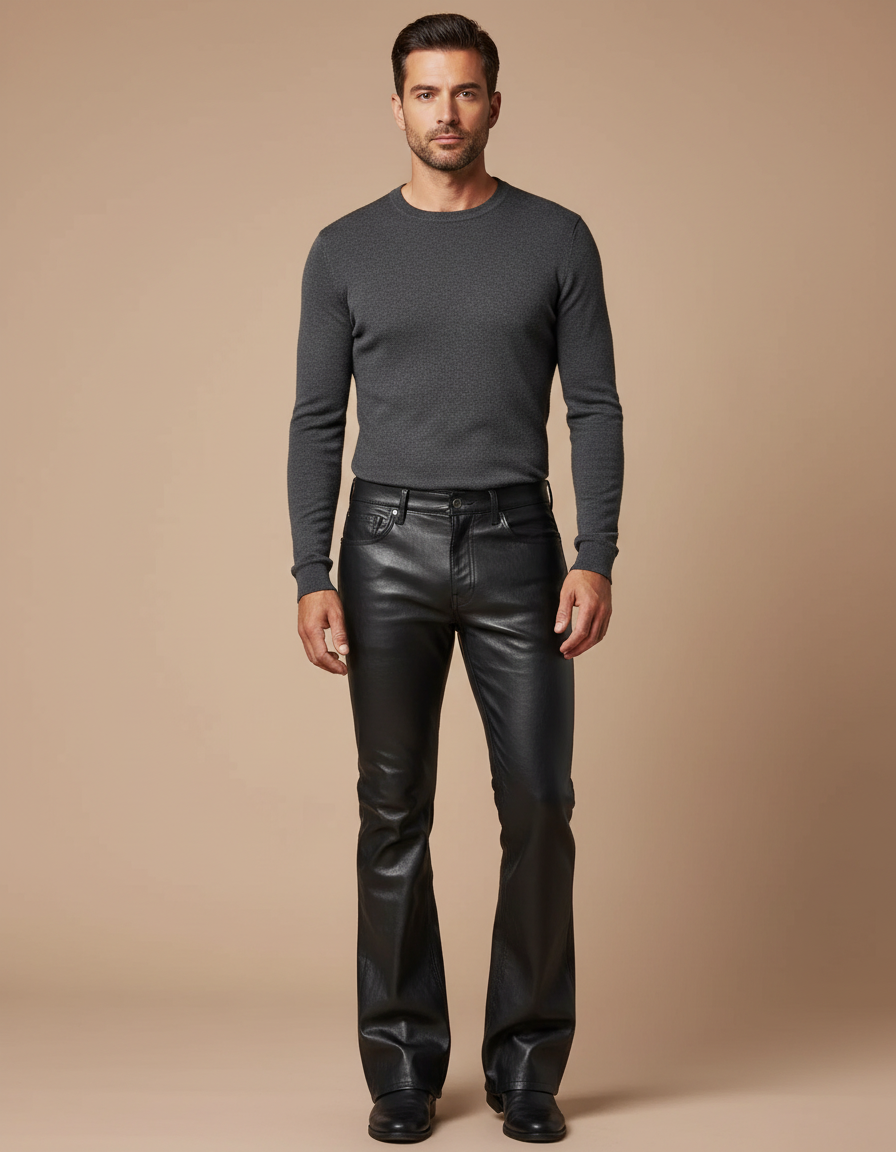 Pantalon Patte D'Éléphant Noir Cuir Homme Évasé Élégant