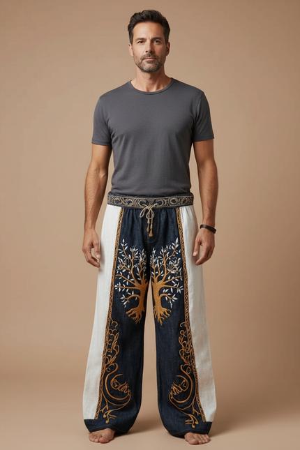 Pantalon Patte D'Éléphant Brodé Arbre Lin Ample Décontracté - Multicolore