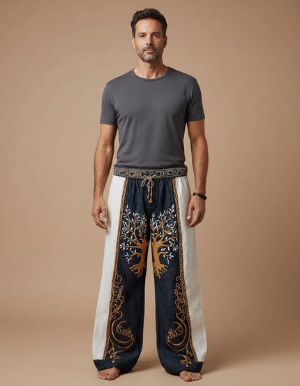 Pantalon Patte D'Éléphant Brodé Arbre Lin Ample Décontracté - Multicolore