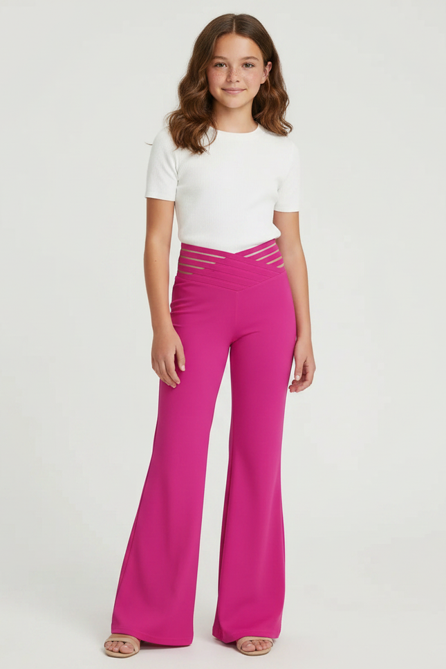 Pantalon Patte D'Éléphant Fuchsia Taille Haute Évasé Élégant - Rose Polyester