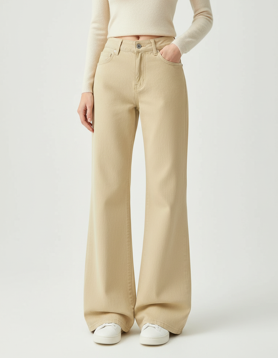 Pantalon Patte D'Éléphant Kaki Ample Vintage Taille Haute - Jean