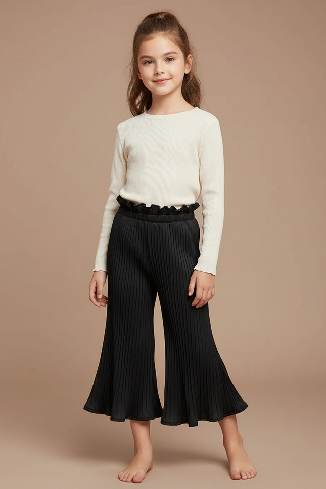 Pantalon Patte D'Éléphant Noir Plissé Évasé Fluide Enfant - Polyester