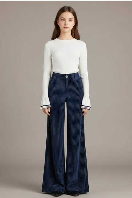 Pantalon Patte D'Éléphant Côtelé Bleu Marine Taille Haute Élégant - Cordé
