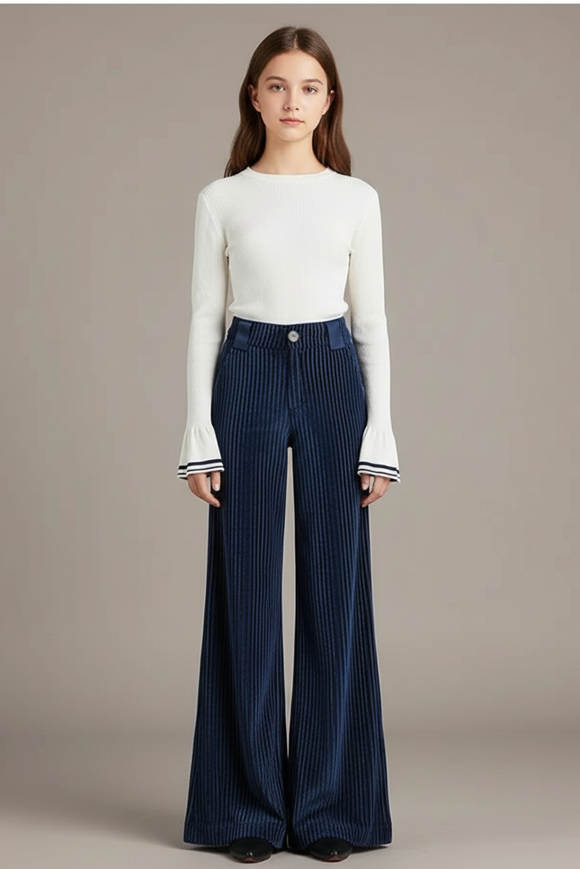Pantalon Patte D'Éléphant Côtelé Bleu Marine Taille Haute Élégant - Cordé