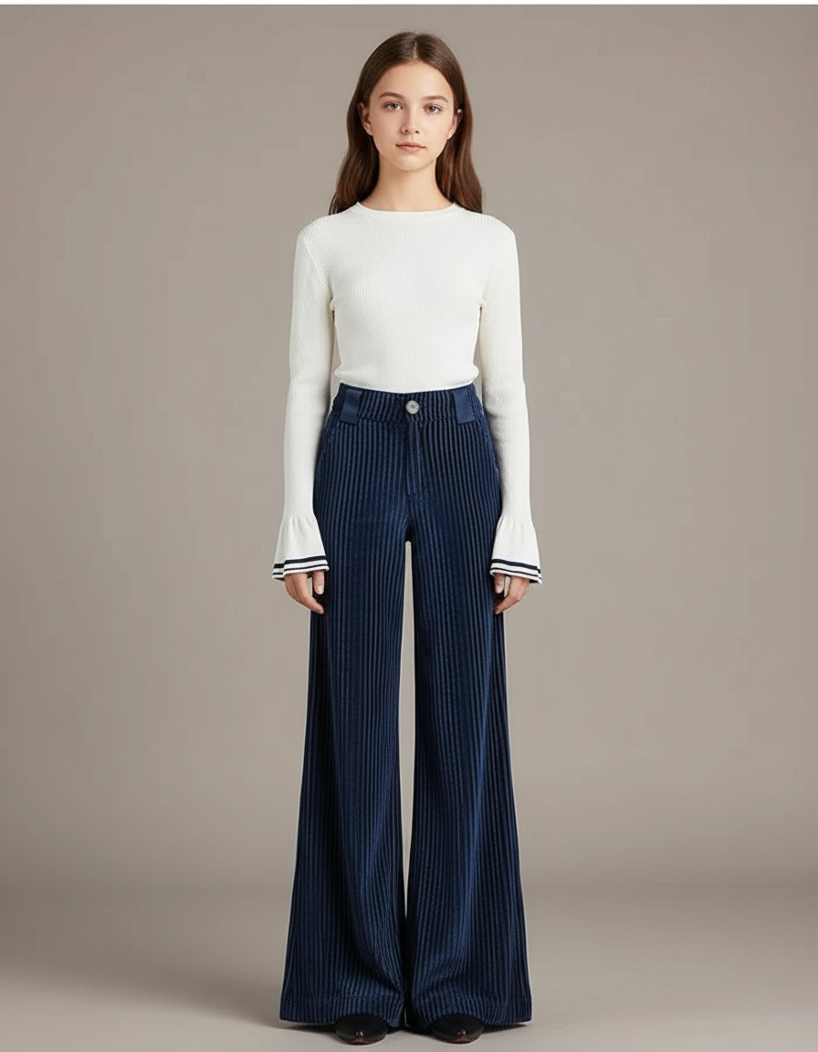 Pantalon Patte D'Éléphant Côtelé Bleu Marine Taille Haute Élégant - Cordé