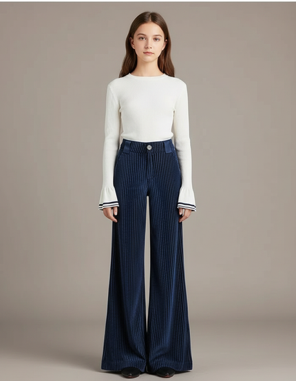 Pantalon Patte D'Éléphant Côtelé Bleu Marine Taille Haute Élégant - Cordé