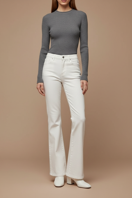 Pantalon Patte D'Éléphant Blanc Taille Haute Évasé Stretch - Jean