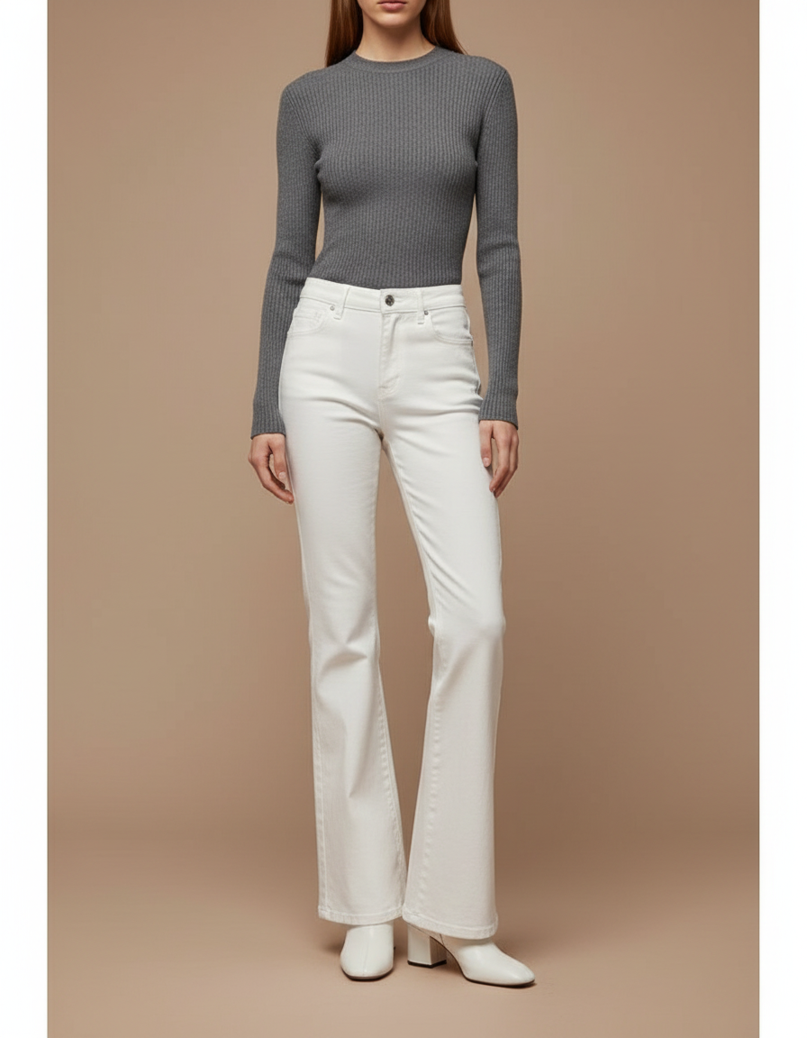 Pantalon Patte D'Éléphant Blanc Taille Haute Évasé Stretch - Jean