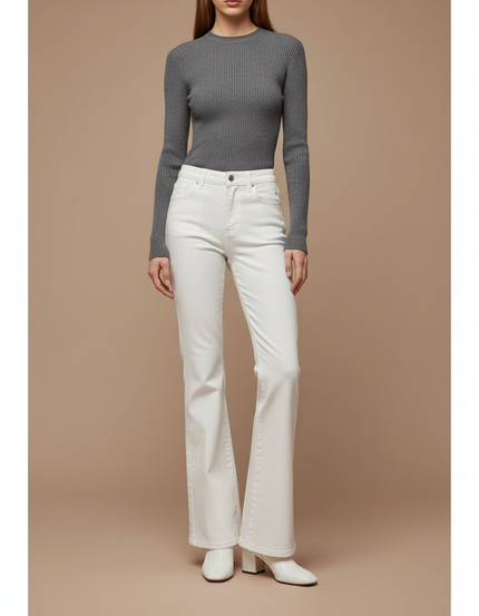 Pantalon Patte D'Éléphant Blanc Taille Haute Évasé Stretch - Jean