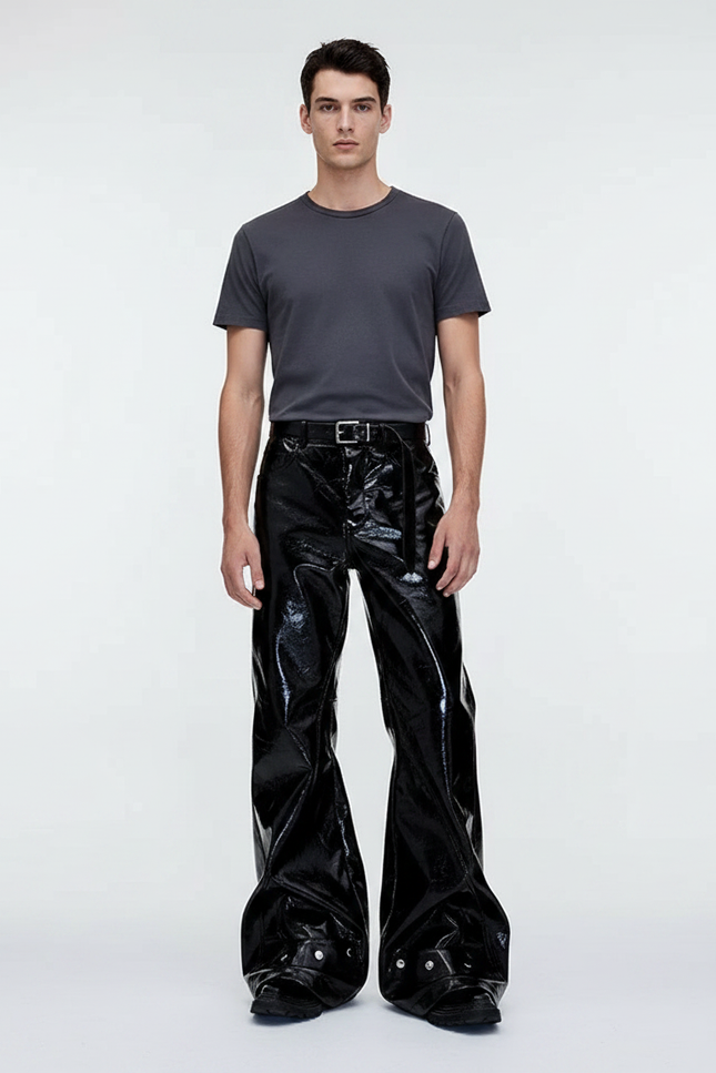 Pantalon Patte D'Éléphant Noir Brillant Cuir Évasé Homme