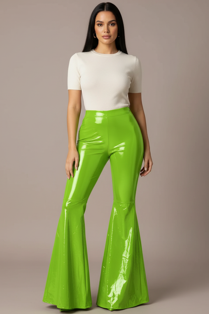 Pantalon Patte D'Éléphant Vert Brillant PVC Taille Haute Évasé - Simili cuir