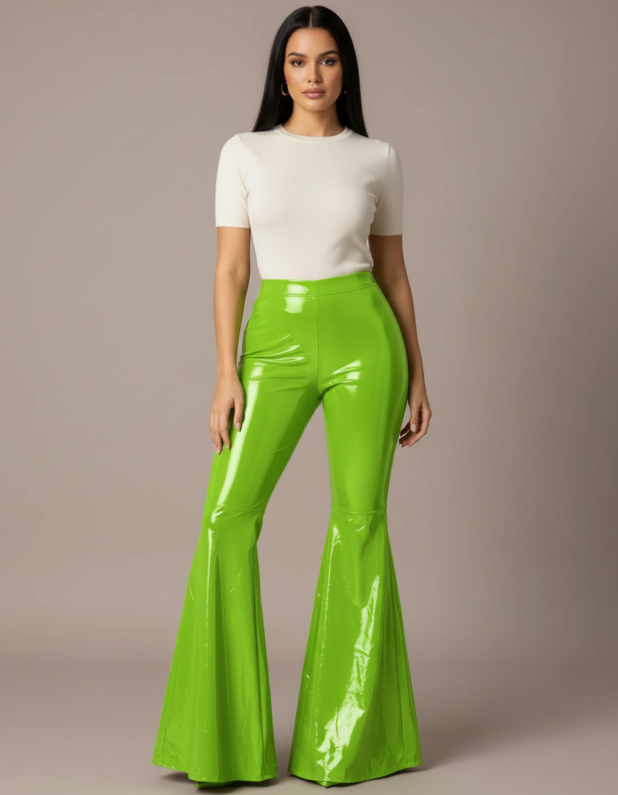 Pantalon Patte D'Éléphant Vert Brillant PVC Taille Haute Évasé - Simili cuir