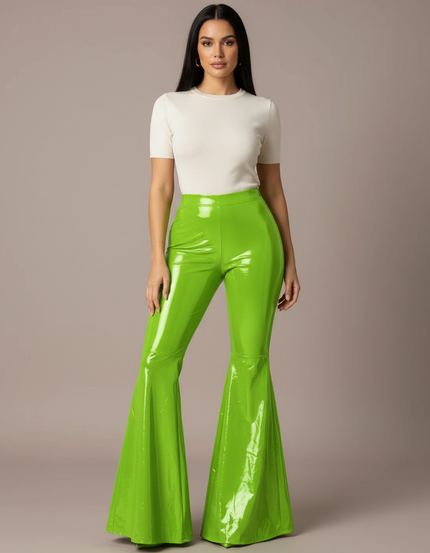 Pantalon Patte D'Éléphant Vert Brillant PVC Taille Haute Évasé - Simili cuir