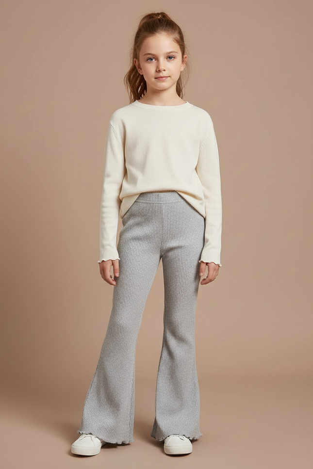Pantalon Patte D'Éléphant Gris Côtelé Évasé Confortable Fille - Maille