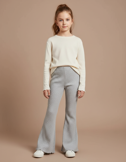 Pantalon Patte D'Éléphant Gris Côtelé Évasé Confortable Fille - Maille