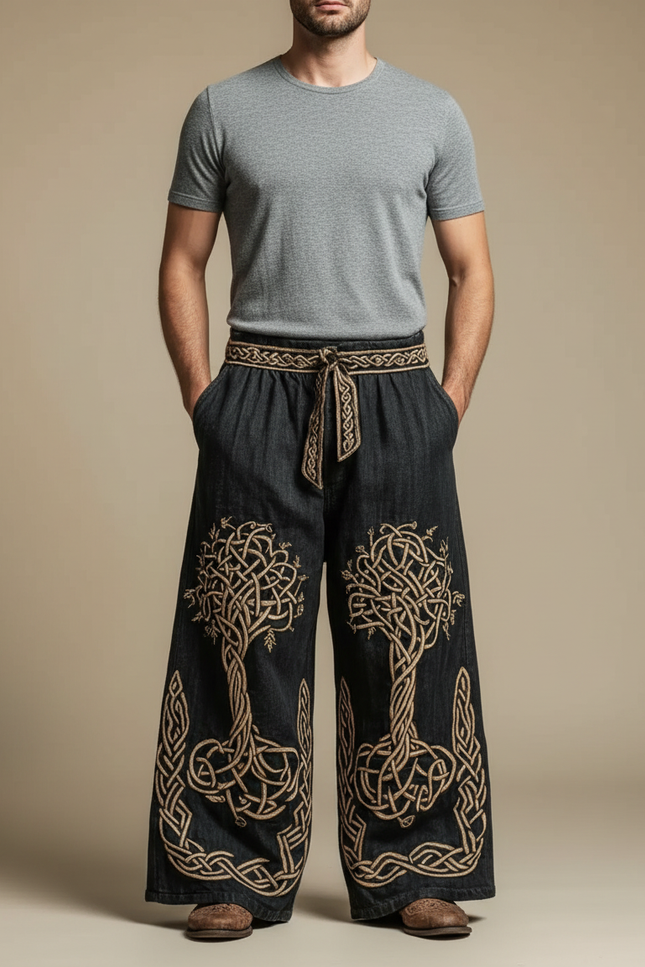 Pantalon Patte D'Éléphant Noir Brodé Celtique Ample Homme - Jean