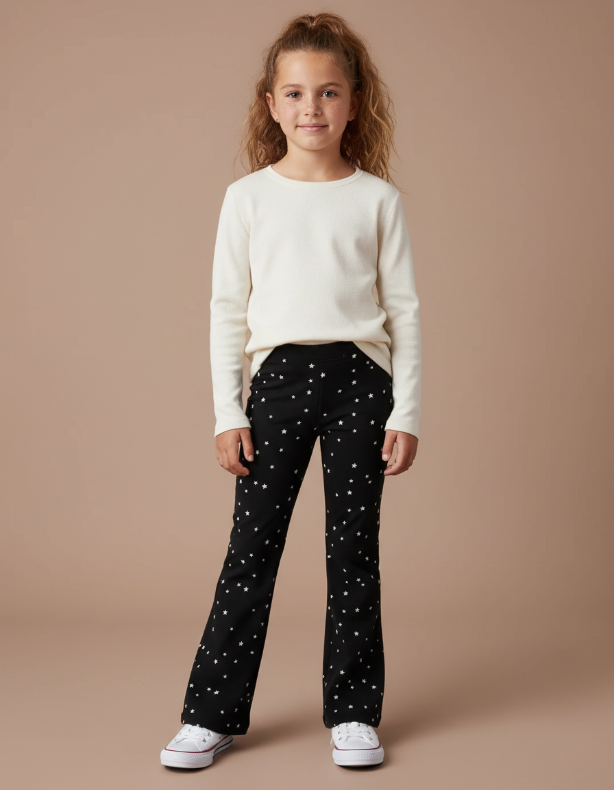 Pantalon Patte D'Éléphant Noir Étoiles Imprimé Confortable Fille - Maille