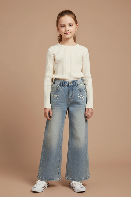 Pantalon Patte D'Éléphant Denim Large Nœuds Brodés Fille - Bleu Jean