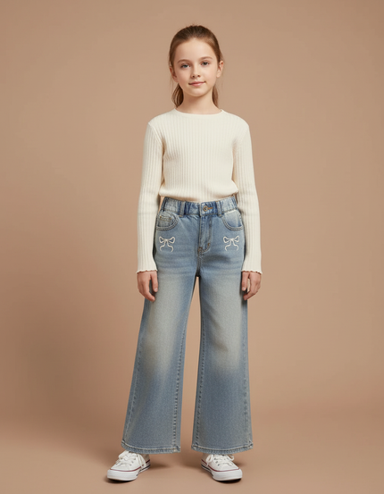 Pantalon Patte D'Éléphant Denim Large Nœuds Brodés Fille - Bleu Jean