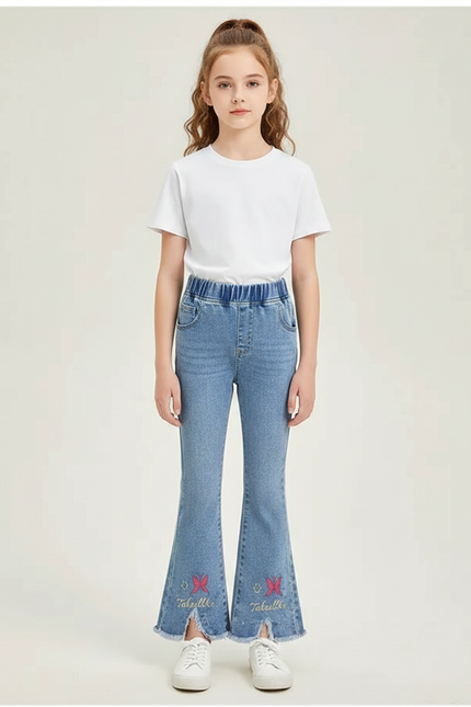 Pantalon Patte D'Éléphant Denim Évasé Papillons Brodés Fille - Bleu Jean