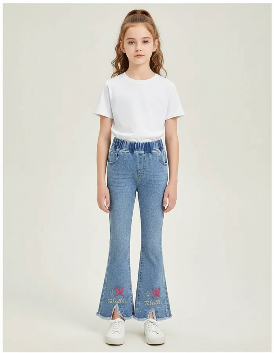 Pantalon Patte D'Éléphant Denim Évasé Papillons Brodés Fille - Bleu Jean