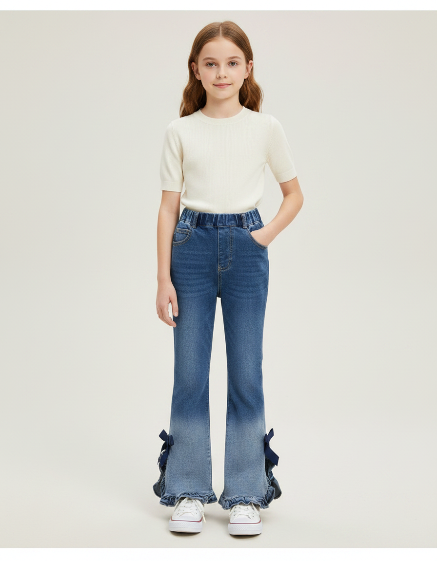 Pantalon Patte D'Éléphant Denim Bleu Dégradé Nœuds Fille - Jean