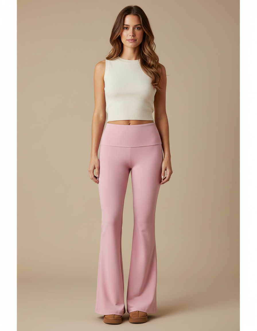 Pantalon Patte D'Éléphant Rose Fluide Taille Haute Confortable - Polyester
