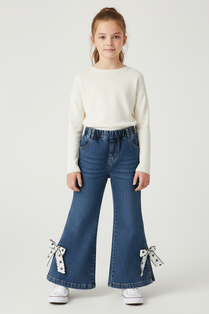 Pantalon Patte D'Éléphant Denim Évasé Nœuds Pois Fille - Bleu Jean