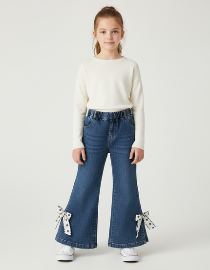 Pantalon Patte D'Éléphant Denim Évasé Nœuds Pois Fille - Bleu Jean
