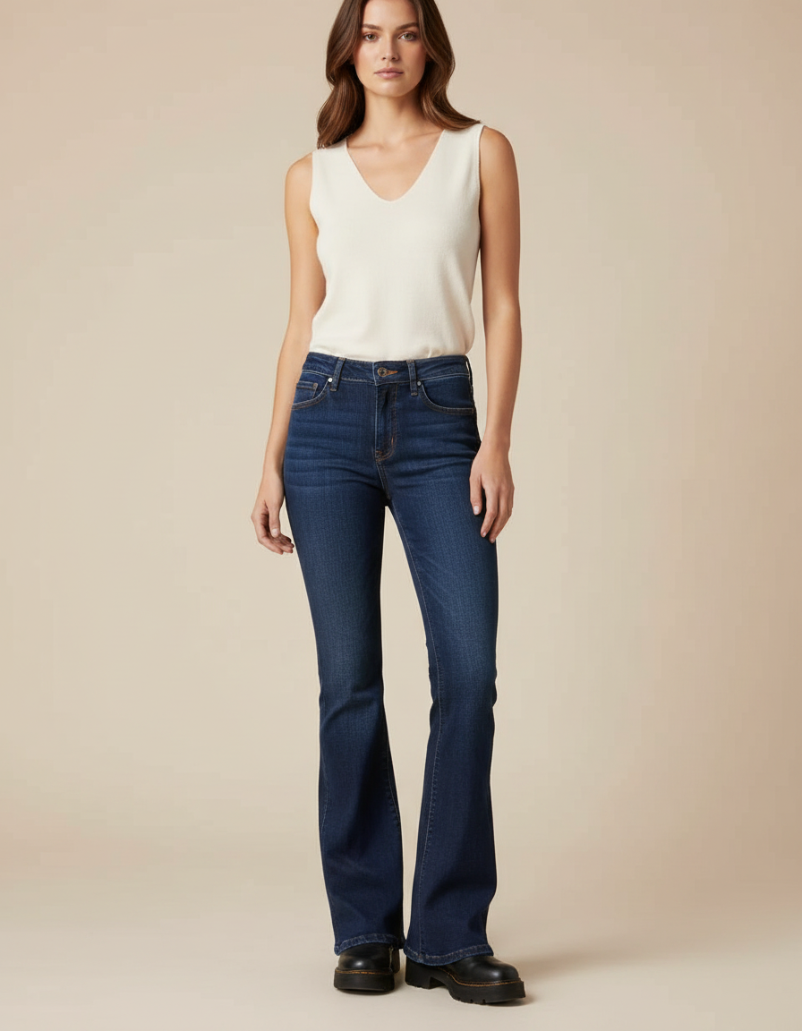 Pantalon Patte D'Éléphant Bleu Denim Bas Évasé Taille Standard - Marine Jean