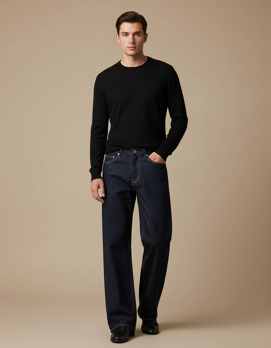 Pantalon Patte D'Éléphant Bleu Foncé Ample Décontracté Homme - Marine Jean