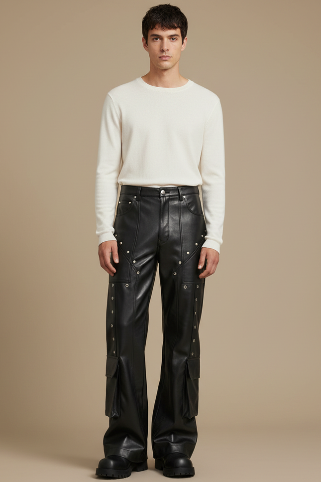 Pantalon Patte D'Éléphant En Cuir Noir Rivets Cargo