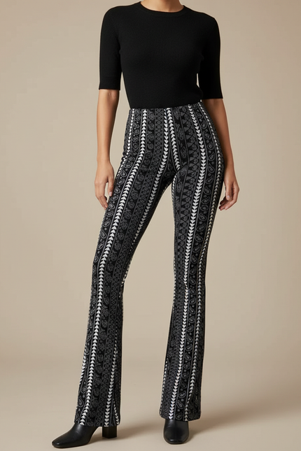 Pantalon Patte D'Éléphant Noir Imprimé Ethnique Fluide Évasé - Maille
