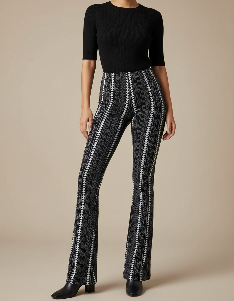 Pantalon Patte D'Éléphant Noir Imprimé Ethnique Fluide Évasé - Maille