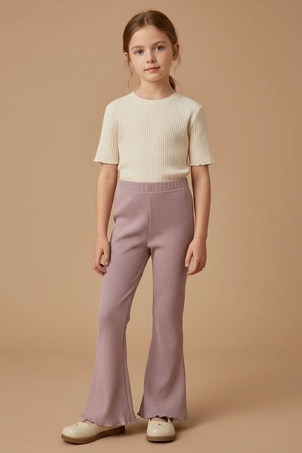 Pantalon Patte D'Éléphant Mauve Côtelé Évasé Fille - Violet Maille