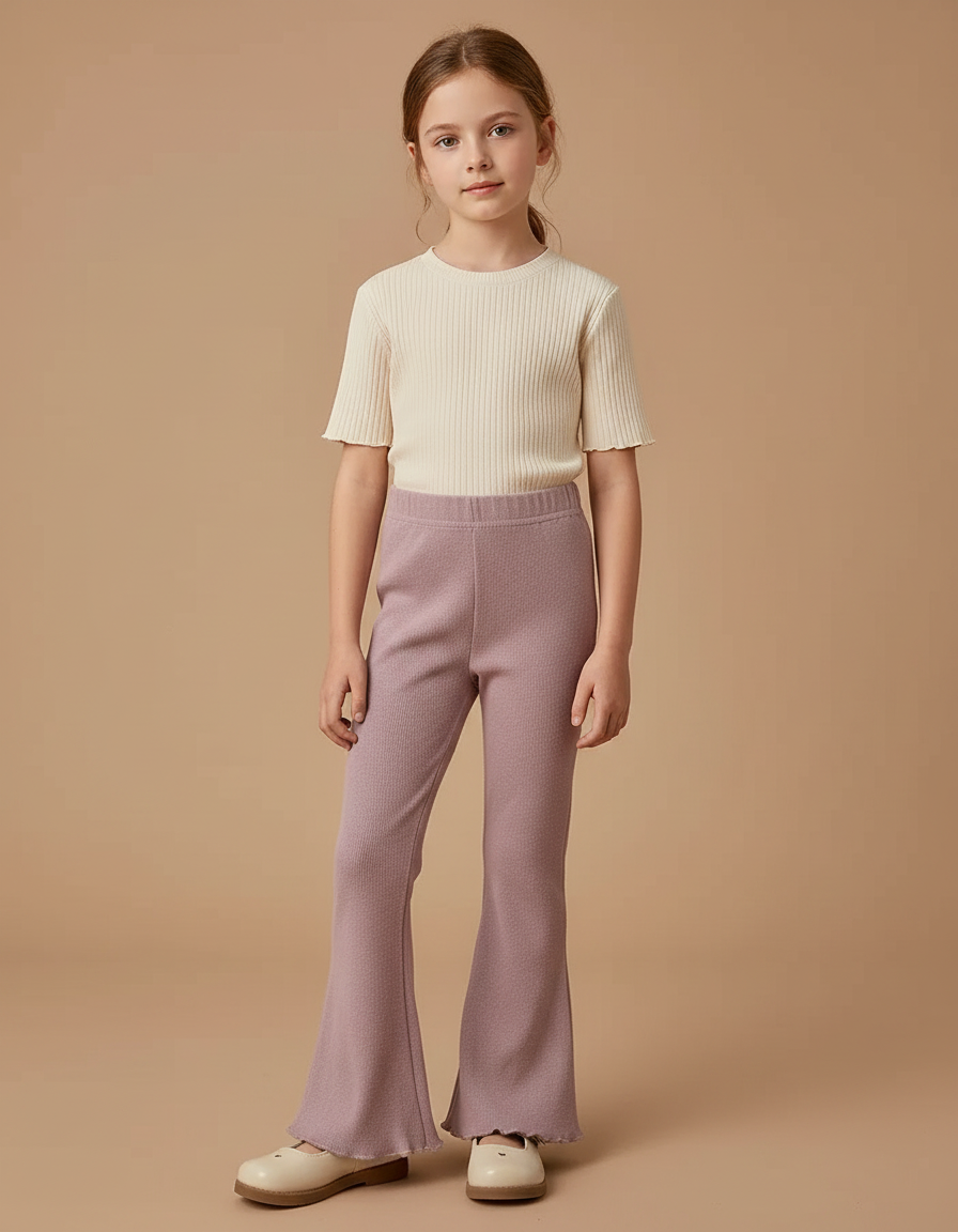 Pantalon Patte D'Éléphant Mauve Côtelé Évasé Fille - Violet Maille