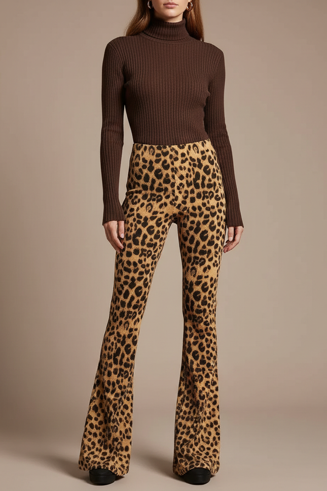 Pantalon Patte D'Éléphant Léopard Imprimé Taille Haute Évasé - Maille