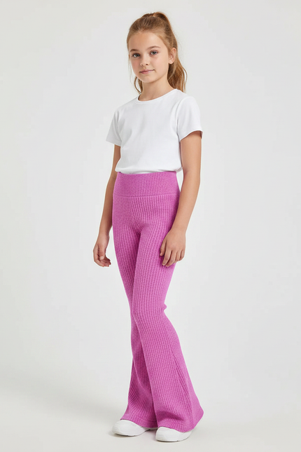 Pantalon Patte D'Éléphant Rose Côtelé Tricot Confortable Fille - Maille