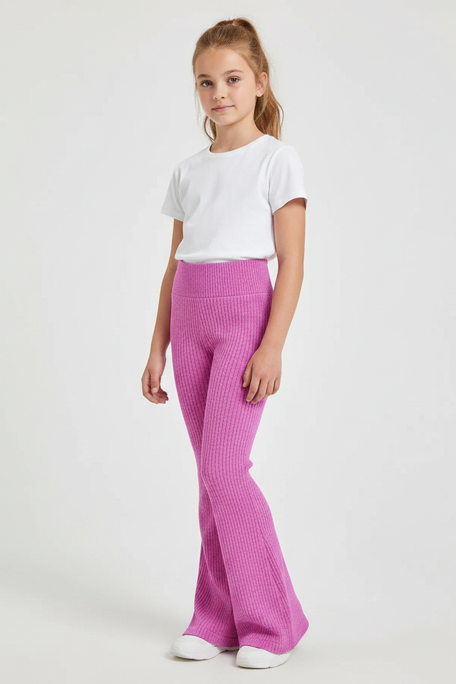 Pantalon Patte D'Éléphant Rose Côtelé Tricot Confortable Fille - Maille