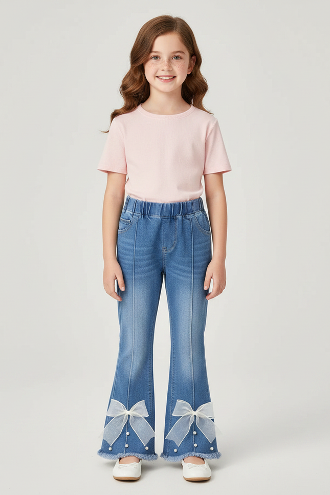 Pantalon Patte D'Éléphant Bleu Denim Évasé Nœuds Décoratifs Perles - Jean