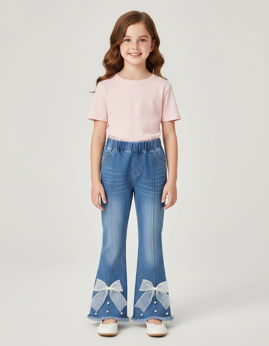 Pantalon Patte D'Éléphant Bleu Denim Évasé Nœuds Décoratifs Perles - Jean