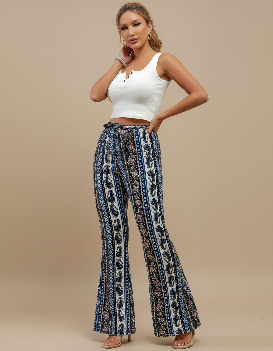 Pantalon Patte D'Éléphant Imprimé Paisley Bohème Taille Haute Fluide - Viscose