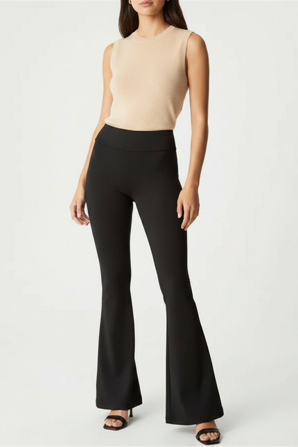 Pantalon Patte D'Éléphant Noir Évasé Fluide Taille Haute - Polyester